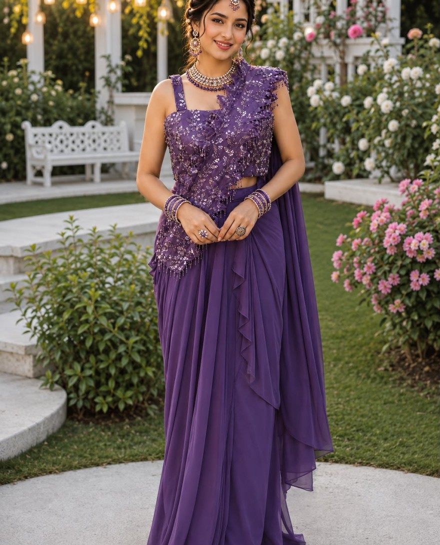 PURPLE - Purple Georgette Classic Sari with Embroidered Work